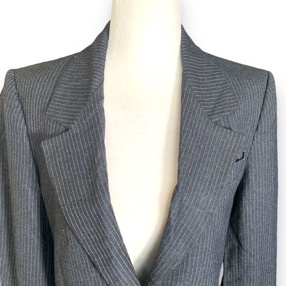 Vintage 80s Wool Pinstripe Blazer Jacket Dark Gray Oversized Structured Size 6 - Picture 2 of 12